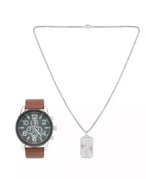 Мужские аналоговые часы 48 мм с черным полиуретановым кожаным ремешком и ожерельем с подвеской, подарочный набор American Exchange, коричневый