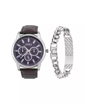 Мужские аналоговые часы из коричневого полиуретанового ремешка, 44 мм, комплект браслета Jones New York
