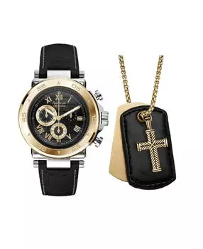 Мужские аналоговые часы с тремя стрелками, кварцевые, с черным кожаным ремешком, 44 мм, подарочный набор American Exchange