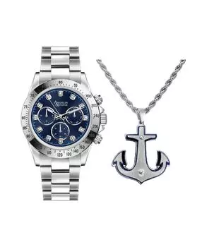 Мужские аналоговые кварцевые часы с металлическим браслетом серебристого цвета с тремя стрелками, 46 мм, подарочный набор American Exchange