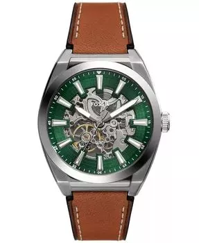 Мужские автоматические часы Everett коричневые кожаные 42 мм Fossil, коричневый