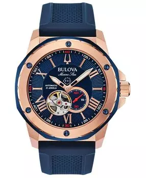 Мужские автоматические часы Marine Star с синим силиконовым ремешком, 45 мм Bulova