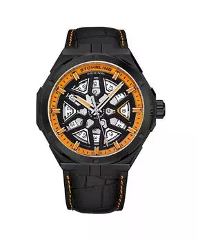 Мужские автоматические часы с ремешком из натуральной кожи с тиснением аллигатора и декоративной строчкой Stuhrling, оранжевый