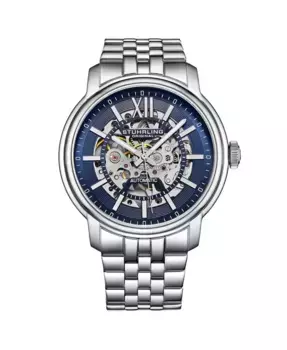 Мужские автоматические часы, серебристый корпус на пятирядном браслете с матовой и полированной отделкой, синий скелетированный циферблат с серебристыми акцентами Stuhrling