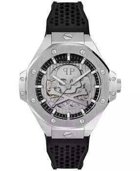 Мужские автоматические часы Skeleton Royal Black с силиконовым ремешком, 46 мм Philipp Plein, серебро