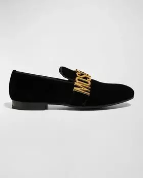 Мужские бархатные лоферы с металлическим логотипом Moschino, цвет Black