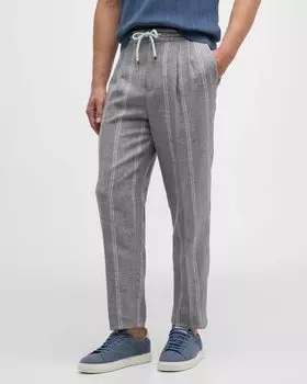 Мужские брюки в полоску из льняной смеси с завязками Brunello Cucinelli, цвет Grey/White