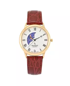 Мужские часы 38 мм Sun-Moon с коричневым кожаным ремешком Peugeot, коричневый