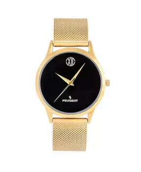 Мужские часы 40 мм Wafer Slim с черным циферблатом, позолоченным корпусом и сетчатым браслетом Peugeot