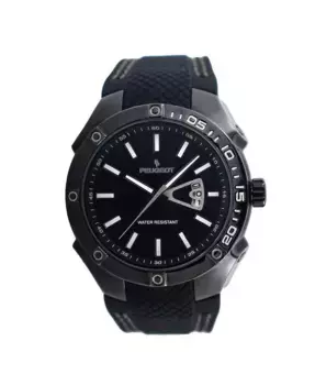 Мужские часы 44 мм Black Sport Calendar с прошитым резиновым ремешком Peugeot