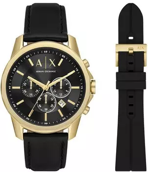 Мужские часы Armani Exchange Banks Chronograph с черным кожаным ремешком Pro-Planet, подарочный набор, черный