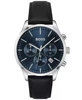 Мужские часы Avery с хронографом, черный кожаный ремешок, 42 мм Hugo Boss, синий