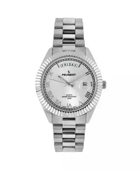 Мужские часы-браслет из нержавеющей стали с серебряным циферблатом, 40 мм, с рифленым безелем Peugeot, серебро