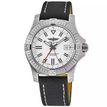 Мужские часы Breitling Avenger Automatic GMT 43 с белым циферблатом и кожаным ремешком A32397101A1X1