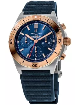 Мужские часы Breitling Chronomat B01 Chronograph с синим циферблатом из 18-каратного розового золота, безелем и резиновым ремешком UB0134101C1S1