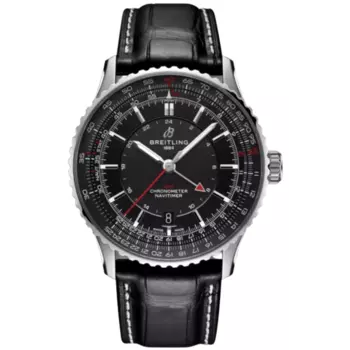 Мужские часы Breitling Navitimer Automatic 41 GMT с черным циферблатом и кожаным ремешком A32310251B1P1