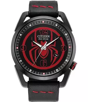 Мужские часы Citizen Marvel Miles Morales Spider-Man с тремя стрелками, черный кожаный ремешок, черный