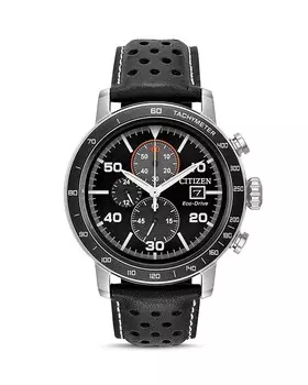 Мужские часы Citizen с кожаным ремешком, 44 мм, черный