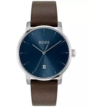 Мужские часы Dean Quartz Basic Calendar коричневые кожаные 41 мм Hugo Boss, коричневый