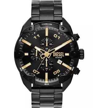 Мужские часы Diesel с хронографом и шипами, черный браслет из нержавеющей стали, черный