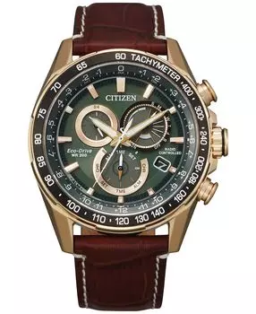 Мужские часы Eco-Drive с хронографом PCAT, коричневый кожаный ремешок, 43 мм Citizen