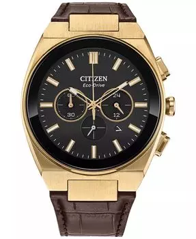Мужские часы Eco-Drive с хронографом, современный черный кожаный ремешок, 43 мм Citizen, черный