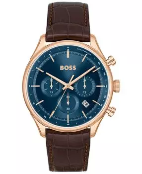 Мужские часы Gregor Quartz Chronograph Brown Mock с ремешком из натуральной зернистой кожи, 45 мм BOSS, коричневый