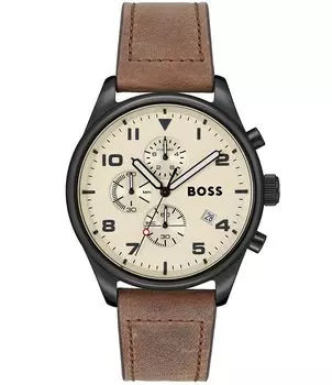 Мужские часы Hugo Boss с кварцевым хронографом и коричневым кожаным ремешком, коричневый