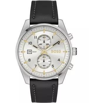 Мужские часы Hugo Boss Skytraveller с кварцевым хронографом и черным кожаным ремешком, черный