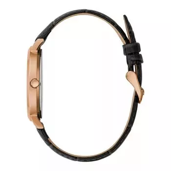 Мужские часы из нержавеющей стали розового цвета с черным циферблатом и кожаным ремешком — 44A117 Caravelle by Bulova