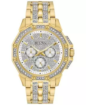 Мужские часы из нержавеющей стали с золотистым браслетом и кристаллами, 43 мм Bulova