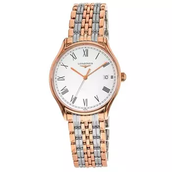 Мужские часы Longines Lyre Quartz с белым циферблатом из розового золота и PVD-покрытием из стали L4.859.1.11.7