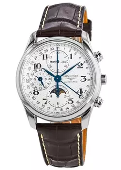Мужские часы Longines Master Collection Moonphase 40 мм с хронографом и кожаным ремешком L2.673.4.78.3, серебряный