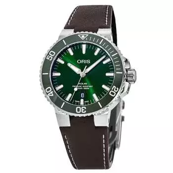 Мужские часы Oris Aquis Date с зеленым циферблатом и коричневым кожаным ремешком 01 733 7732 4157-07 5 21 10FC