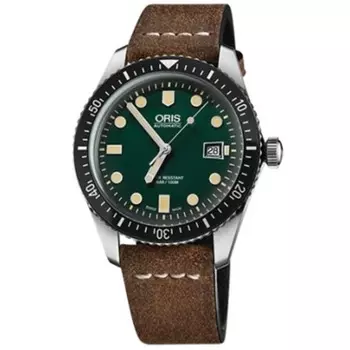 Мужские часы Oris Divers Sixty-Five с зеленым циферблатом и коричневым кожаным ремешком 01 733 7720 4057-07 5 21 02