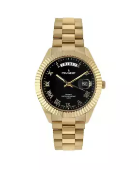Мужские часы с черным циферблатом 40 мм, золотым рифленым безелем и браслетом Peugeot