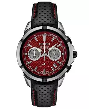 Мужские часы с хронографом Coutura, черные, с перфорированным кожаным ремешком, 42 мм Seiko