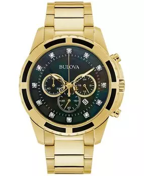 Мужские часы с хронографом и бриллиантами (1/20 карата t.w.), золотистый браслет из нержавеющей стали, 44 мм Bulova