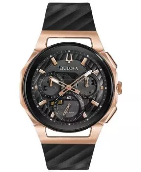 Мужские часы с хронографом и изогнутым черным каучуковым ремешком, 44 мм Bulova
