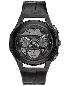 Мужские часы с хронографом и изогнутым черным кожаным ремешком, 44 мм Bulova