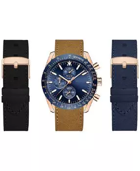 Мужские часы с хронографом светло-коньячного цвета с кожаным ремешком, 44 мм, подарочный набор American Exchange