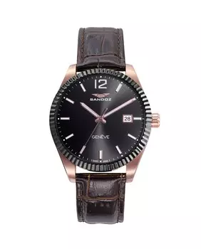 Мужские часы с розовым стальным корпусом IP, черным безелем и кожаным ремешком Sandoz, черный