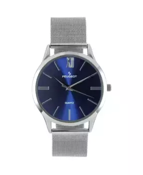 Мужские часы с синим циферблатом 40 мм, тонкий корпус, стальной браслет-сетка Peugeot, серебряный