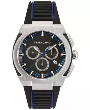 Мужские часы Salvatore с хронографом, черный каучуковый ремешок, 43 мм Ferragamo, серебро