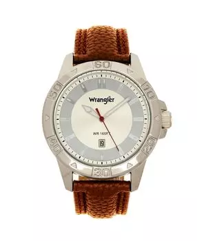 Мужские часы, серебристый корпус диаметром 46 мм с тиснением арабских цифр на безеле, циферблат цвета слоновой кости с узором Sunray, серебряные индексные метки, аналоговый, коричневый ремешок Wrangler