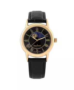 Мужские часы Vintage с черным циферблатом 40 мм, индикатором фаз луны и солнца, на черном кожаном ремешке Peugeot