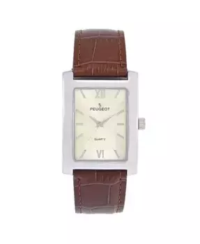 Мужские часы в форме танка 30X40 мм, серебристые, с фактурным циферблатом и коричневым кожаным ремешком Peugeot