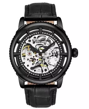 Мужские черные часы из натуральной кожи с тиснением под кожу аллигатора, 42 мм Stuhrling