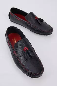 Мужские черные лоферы из натуральной кожи с кисточками спереди и удобной посадкой TONNY BLACK, черный