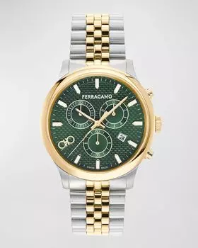 Мужские двухцветные часы-браслет Duo Chrono, 42 мм Ferragamo, цвет Green Gold Silver